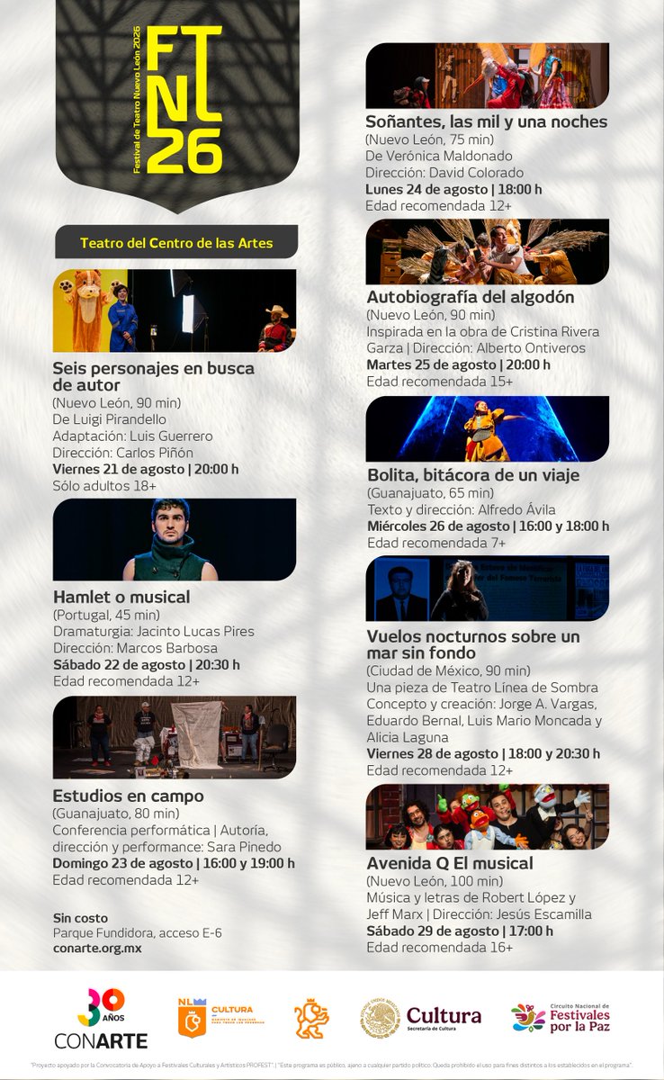 conartenl's tweet photo. ¡El 25 Festival de Teatro Nuevo León está por comenzar!
Te comparitmos la programación que se llevará a cabo en los escenarios de #CONARTE 🎭

🎟  Boletos directo en taquilla una hora antes de cada función

#CulturaNL #25FTNL #PROFEST2026 #FestivalesPorLaPaz https://t.co/8bO44xqrtw