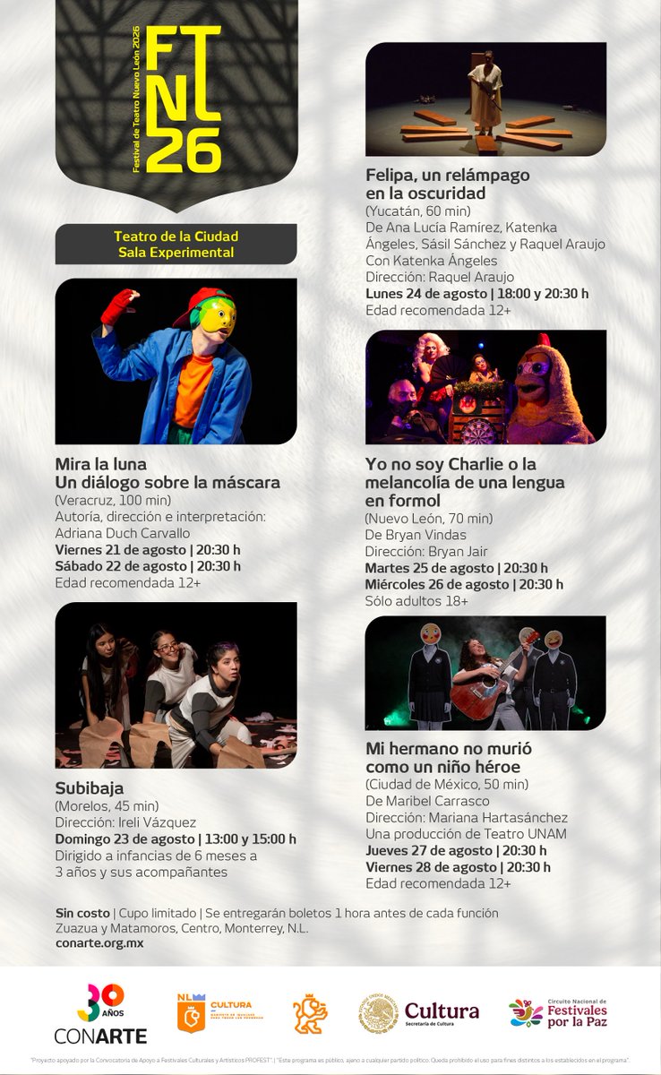 conartenl's tweet photo. ¡El 25 Festival de Teatro Nuevo León está por comenzar!
Te comparitmos la programación que se llevará a cabo en los escenarios de #CONARTE 🎭

🎟  Boletos directo en taquilla una hora antes de cada función

#CulturaNL #25FTNL #PROFEST2026 #FestivalesPorLaPaz https://t.co/8bO44xqrtw