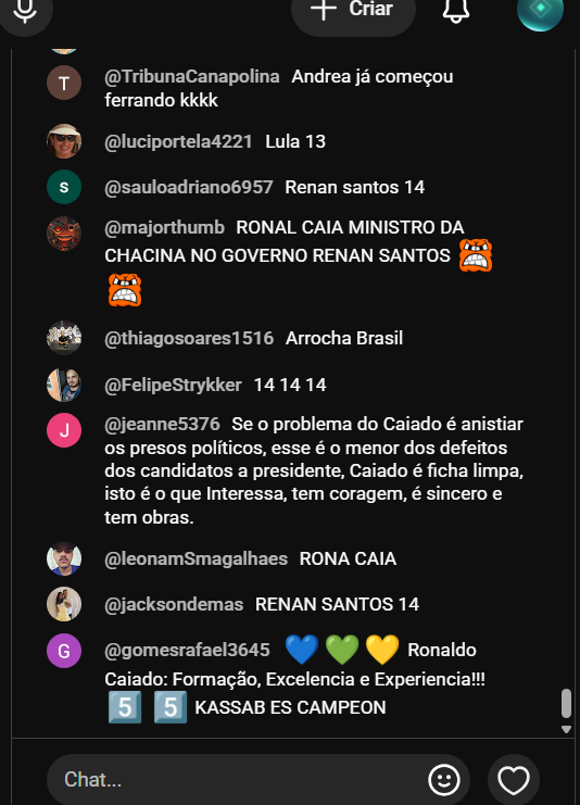 FelipeRsaah's tweet photo. Caiado é um candidato muito curioso, nunca conheci nenhum apoiador dele.

Em plena sabatina, ele tem somente 3 mil ouvintes, bizarro.
Usando o chat de parâmetro, ele parece ter nenhuma militância, o chat é composto por bolsonaristas, Missionários (Renan) e por alguns petistas. https://t.co/IcCQXlC78M