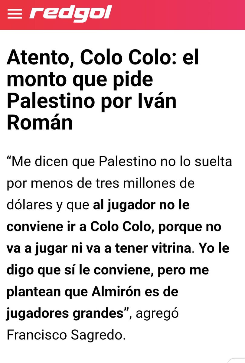 SANTIAGOGAMBO's tweet photo. En enero del 2025 Palestino le pedía a Colo-Colo 3 millones de dólares por ivan Román.  
Un año y medio después el jugador llega a costo 0 por 18 meses.

Nunca, jamás hay que darle en el gusto a los equipos diminutos de este país. https://t.co/GvQ5HsX3ol