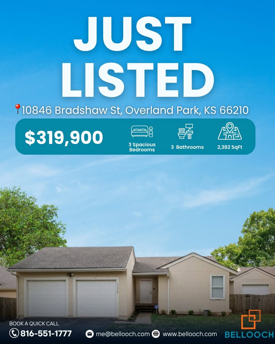 Bellooch's tweet photo. Under $320k for 2,382 sq ft in Overland Park? You read that right. 🏠

Don't wait on this one! 
📲 816-551-1777  ✉️ me@bellooch.com 
🌐 https://t.co/pBc9HstwGp
#OverlandParkKS #KCRealtor #JustListed https://t.co/lRqpXoUwGp