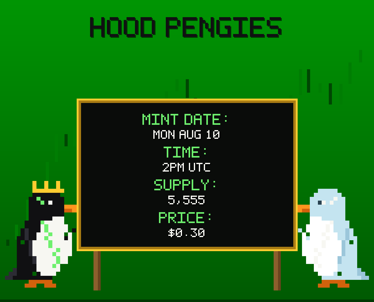 hoodpengies's tweet photo. Hood Pengies are waddling into @RobinhoodCrypto.

Aug 10 • 2 PM UTC
5,555 Supply • $0.30 Mint

Wallet Checker goes live soon, LIKE + RT and drop your EVM Address below. https://t.co/f7LdWEBLoA