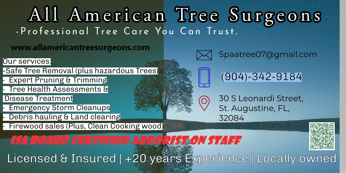 TreeShane's tweet photo. All American Tree Surgeons
Now ISA Certified Arborist on Staff
Your trusted local tree experts. Licensed, insured, and backed by a 4.5-star Google rating. Call us for a free estimate on any tree service!
(904) 342-9184 | https://t.co/L1Jviwfzyk https://t.co/xhWCvfjhwz