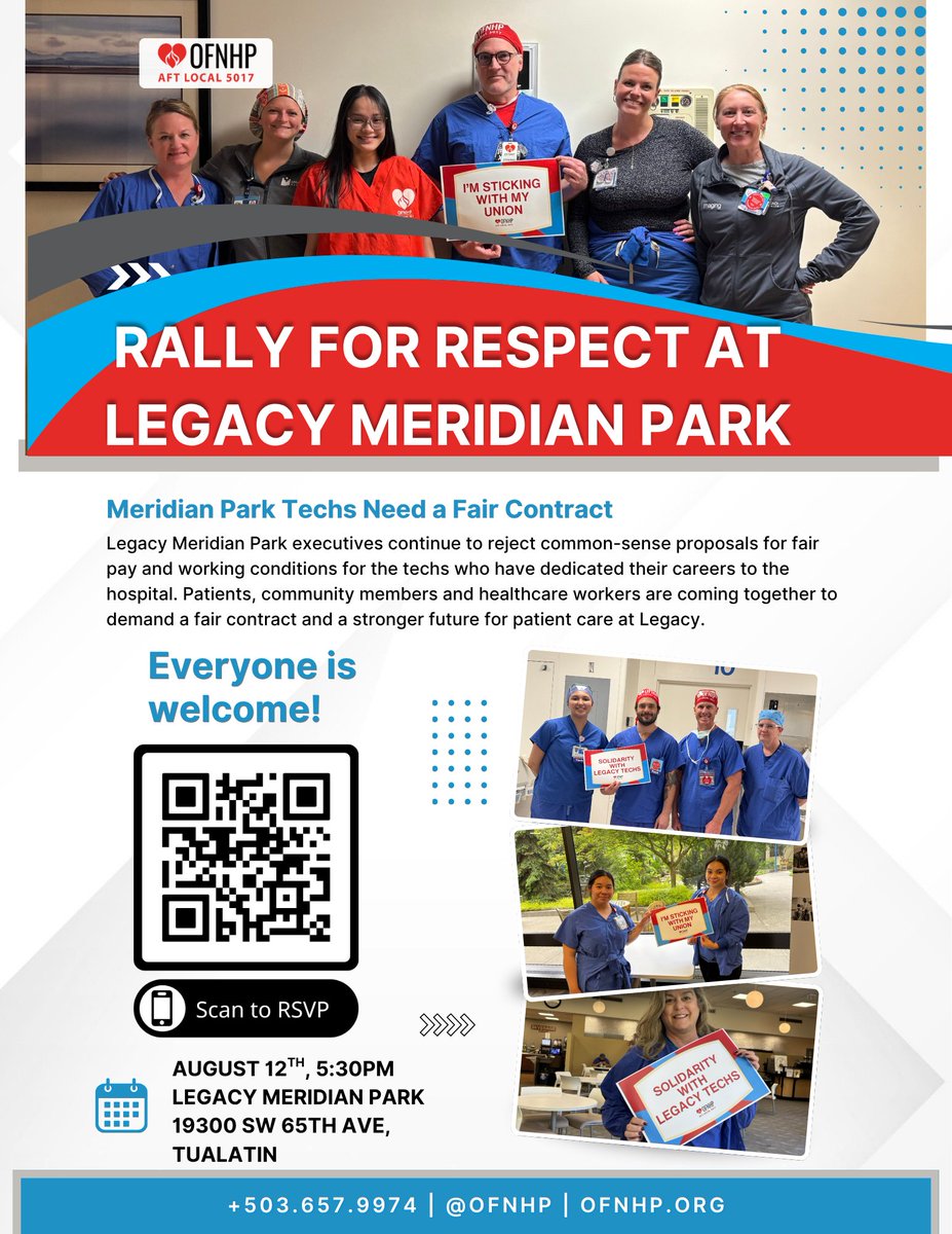 OFNHP's tweet photo. 🚨 Stand with the Legacy Meridian Park Techs!

Join us on Aug. 12 at 5:30 p.m. to demand fairness, respect, and a strong contract that protects quality patient care. Every person who shows up makes us stronger.

RSVP: https://t.co/Rdaaoc2kHl

#UnionStrong  #HealthcareWorkers https://t.co/vPq0SjaAKN