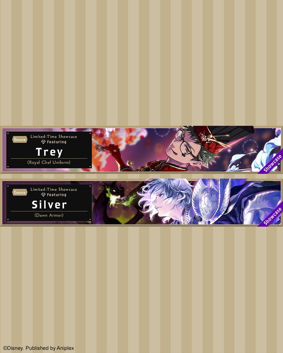 twst_english's tweet photo. The last batch of The Lord of Malevolence Showcases will end tomorrow at 11:59 p.m. (PT), so make sure to get these cards before they are gone!

Royal Chef Uniform Trey Showcase
Dawn Armor Silver Showcase

#twsten #twistedwonderland https://t.co/vu0V0Ic0cx