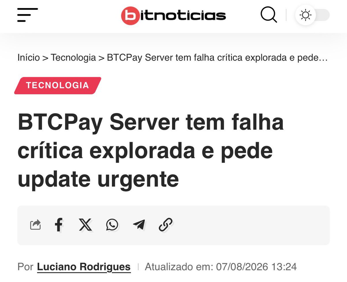 pauloaragaomelo's tweet photo. 🚨 ALERTA DE SEGURANÇA: BTCPay Server confirma vulnerabilidade crítica sendo explorada ativamente

O BTCPay Server, processador de pagamentos em Bitcoin open-source e self-hosted usado por milhares de comerciantes, alertou que uma falha crítica está sendo ativamente explorada com risco real de perda de fundos.

A equipe recomenda:
🔧 Atualizar imediatamente para a versão 2.4.2
⛔ Quem não conseguir atualizar agora deve desligar o servidor até aplicar o patch

O caso reforça um ponto que quem opera infraestrutura própria de Bitcoin não pode ignorar: autocustódia exige manutenção ativa, não é “configurar e esquecer”.