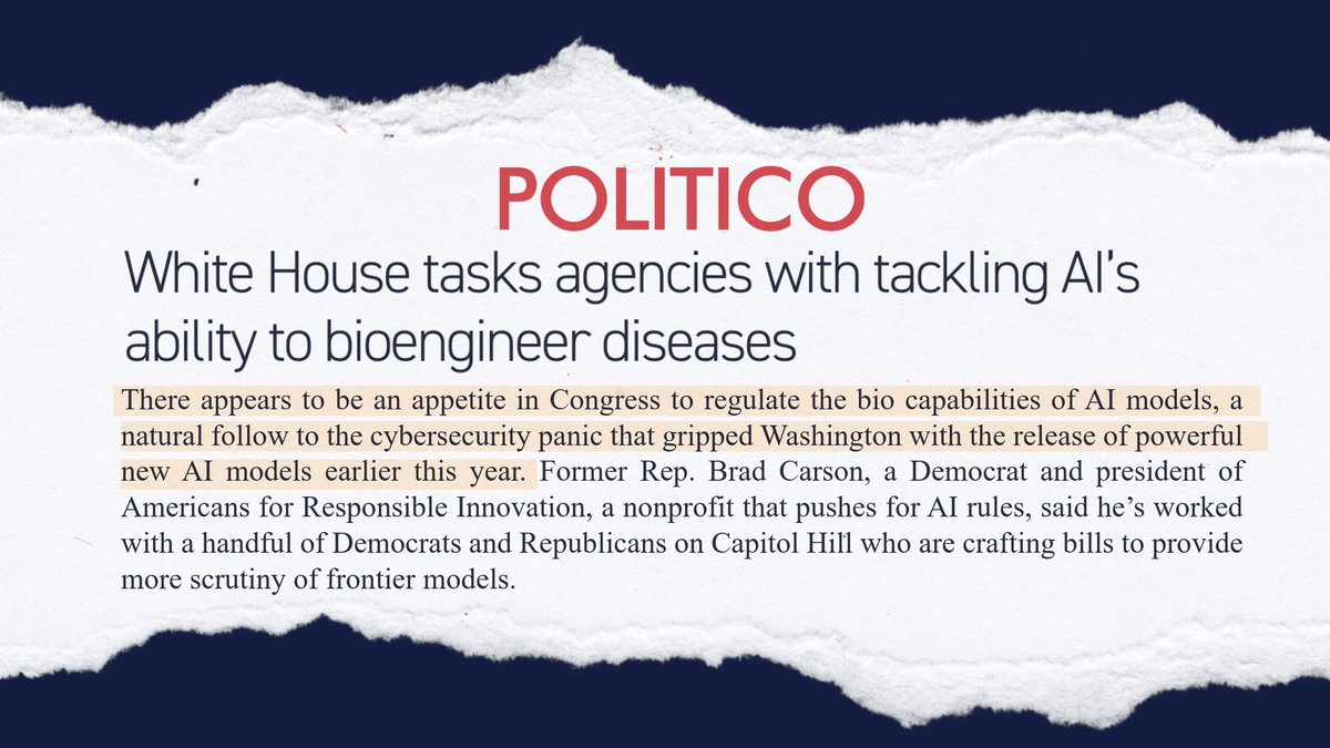 americans4ri's tweet photo. Frontier labs test their own models for biological risk and set their own limits, with no federal baseline behind them. 

As the White House takes up AI bioengineering risk, Congress must help close that gap. @politico https://t.co/UlpN3A7kcL