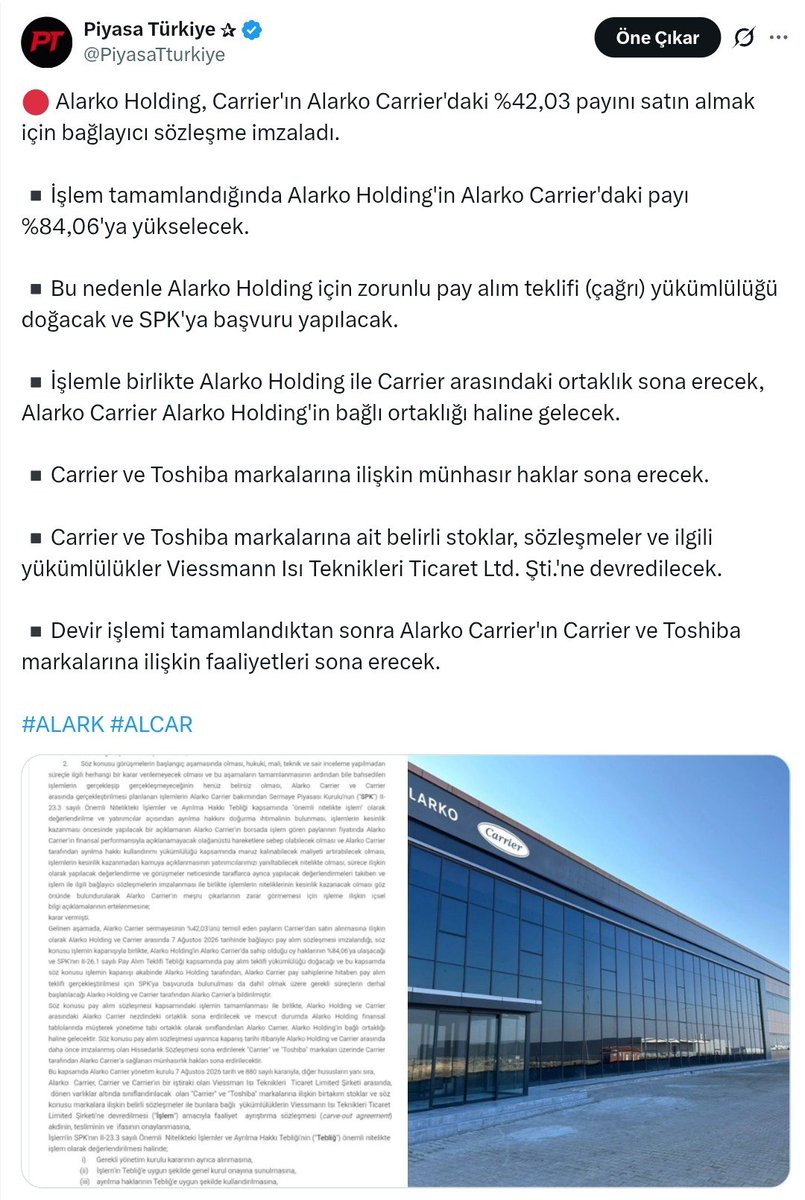 PiyasaTturkiye's tweet photo. 🔴 ABD merkezli Carrier, Türkiye'de üretimden çekildi.

📍Amerikan Carrier, Alarko Carrier'deki %42,03 hissesini diğer ortak Alarko Holding'e devrederek Türkiye'den çekildi.

📍Böylece Carrier markalı ürünlerin Türkiye'de üretimi sona ermiş oldu.

📍Ayrıca Alarko Carrier'ın Toshiba markasına ilişkin faaliyetleri ve distribütörlüğü de sona erdi.

📍Carrier ve Toshiba markalı ürünlerin satış ve servis faaliyetleri, Carrier'ın Türkiye iştiraki Viessmann tarafından yürütülecek.

✍️ Viessmann ise Manisa'daki üretim tesisini Temmuz 2026'da kapatmıştı.

#ALARK #ALCAR