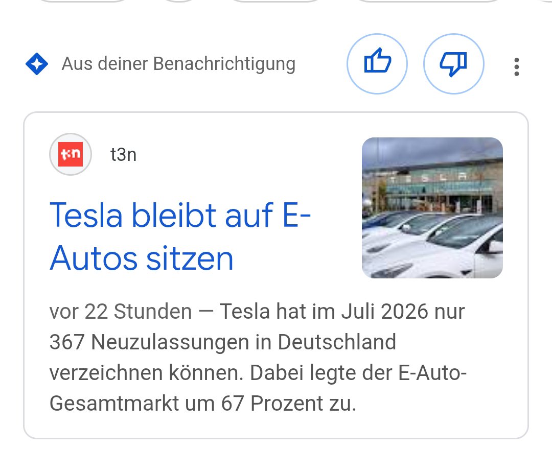 BerndP10's tweet photo. Tesla erlebt historischen Einbruch bei Neuzulassungen in Deutschland
Im Juli 2026 wurden gerade einmal 367 Fahrzeuge neu angemeldet. Der Anteil am Gesamtmarkt schrumpfte auf 0,1 Prozent.

Von Jörn Brien t3n

... Überschrift clickt natürlich! Danke Jörn! https://t.co/yQj2CJHeww