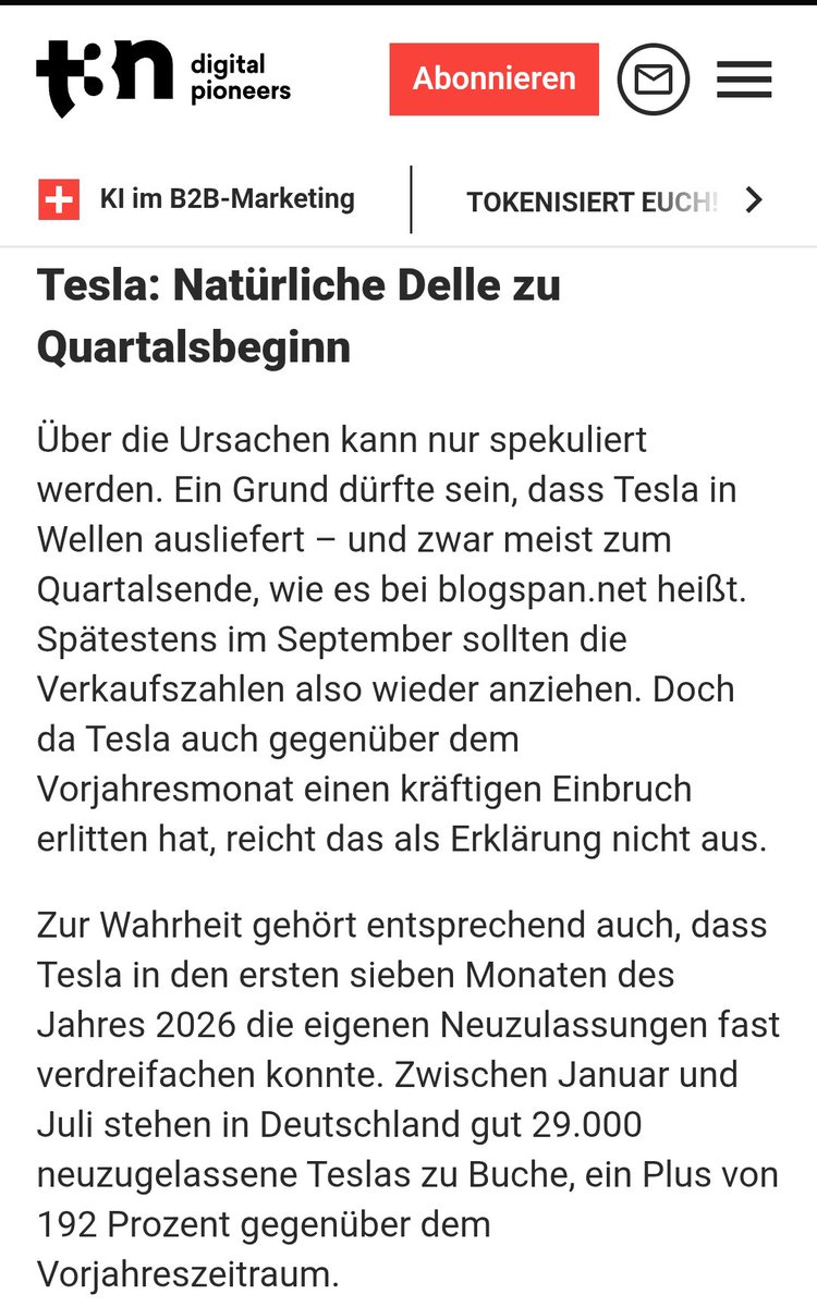 BerndP10's tweet photo. Tesla erlebt historischen Einbruch bei Neuzulassungen in Deutschland
Im Juli 2026 wurden gerade einmal 367 Fahrzeuge neu angemeldet. Der Anteil am Gesamtmarkt schrumpfte auf 0,1 Prozent.

Von Jörn Brien t3n

... Überschrift clickt natürlich! Danke Jörn! https://t.co/yQj2CJHeww