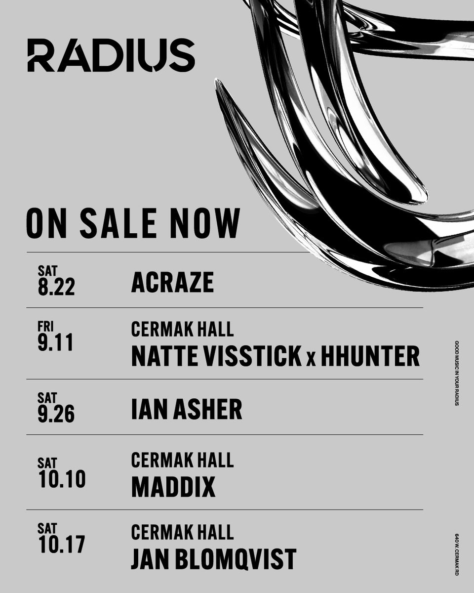 RadiusChicago's tweet photo. AVAILABLE NOW // 
Lock in tickets for 5 incredible nights coming to Radius + Cermak Hall in 2026

Tickets » https://t.co/HKyJIZXgX6 https://t.co/0I0nhpTGSV