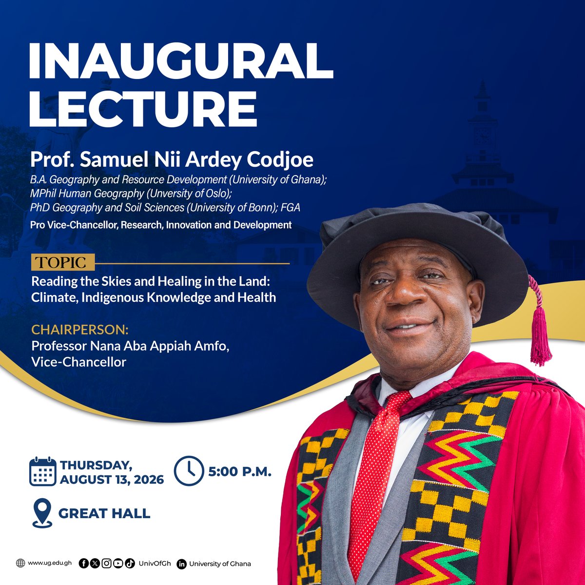 UnivofGh's tweet photo. What can earlier forms of environmental knowledge teach us about responding to today’s climate and health challenges?

Prof. Codjoe will explore how insights from the past can complement scientific knowledge and help build more resilient communities and health systems.

#UG https://t.co/53s7XAxDUs