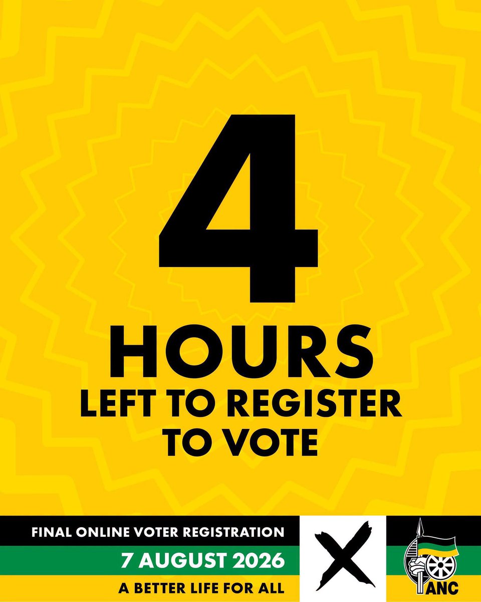 GautengANC's tweet photo. ⏰ 4 hours to go.
The countdown is on. Register to vote or update your registration details online before midnight tonight.
Don't wait until the last minute.
#RegisterToVoteANC #LGE2026 https://t.co/Y0OgTc2nh6
