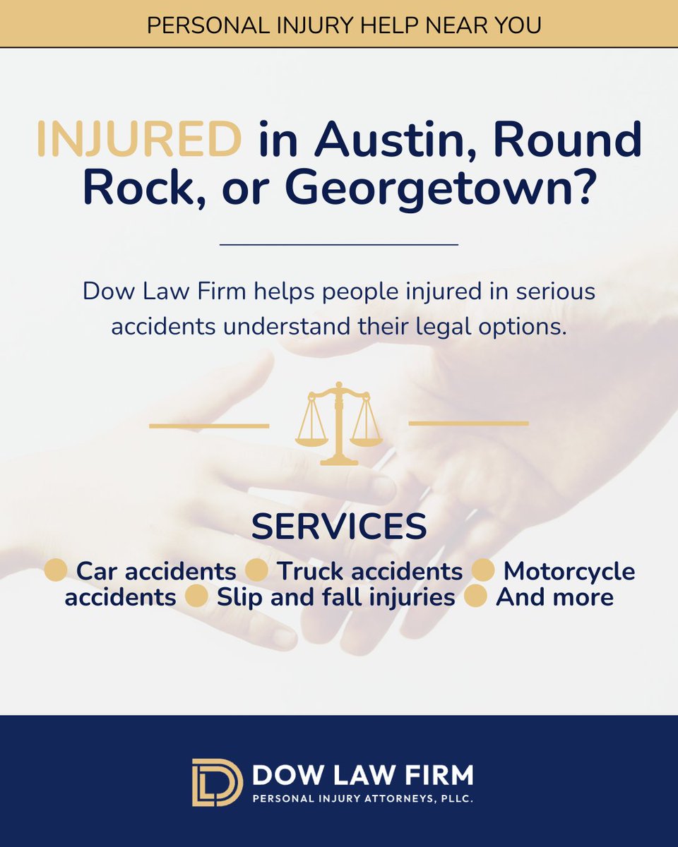 LukeDowLaw's tweet photo. An accident can affect your work, family, medical care, and daily responsibilities. Early legal guidance can help preserve evidence and clarify your options. Dow Law Firm serves injured clients across Austin, Round Rock, Georgetown, and nearby communities.

#InjuryLawyer https://t.co/PxpAwWVz55