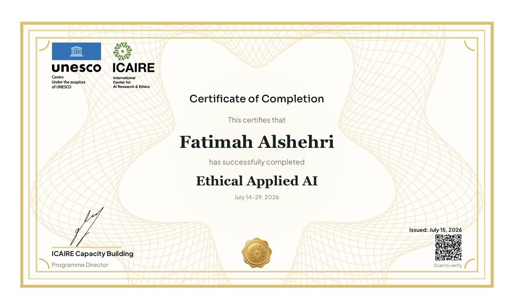Banitoto's tweet photo. هذه دورة (Ethical Applied AI) اونلاين تناولت أهمية الذكاء الاصطناعي وكيفية تطبيقه بشكل مسؤول مع مراعاة الجوانب الأخلاقية (AI Ethics) في الاستخدام.

بالنسبة لي، مشاركة شهادات إتمام الدورات ليست استعراضًا، بل توثيقًا لرحلة التعلم المستمر. وأدرك تمامًا أن شهادة الإتمام (Certificate of Completion) تختلف عن الدرجة الأكاديمية و  الشهادة الاحترافية فلكل منها هدف وقيمة مختلفة.

لكن هذه الشهادات تعكس حرص الشخص على مواكبة المستجدات في المجال والمجالات المتداخلة معه ، وقد تكون أيضًا وسيلة للتعريف ببرامج تعليمية وفرص تدريبية لم يكن البعض يعلم بوجودها.

فالتعلم لا يتوقف عند الحصول على وظيفة أو شهادة، بل هو رحلة مستمرة، وكل خطوة فيها تضيف معرفة جديدة وتفتح بابًا لفرص أكبر. 

وهذه المنصة للمزيد من التفاصيل و الدورات المشابهه: 

https://t.co/FOSRhORRfn