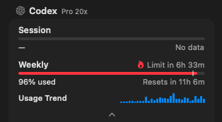 Codex usage screen showing 96% of weekly allocation consumed with only a few hours until reset