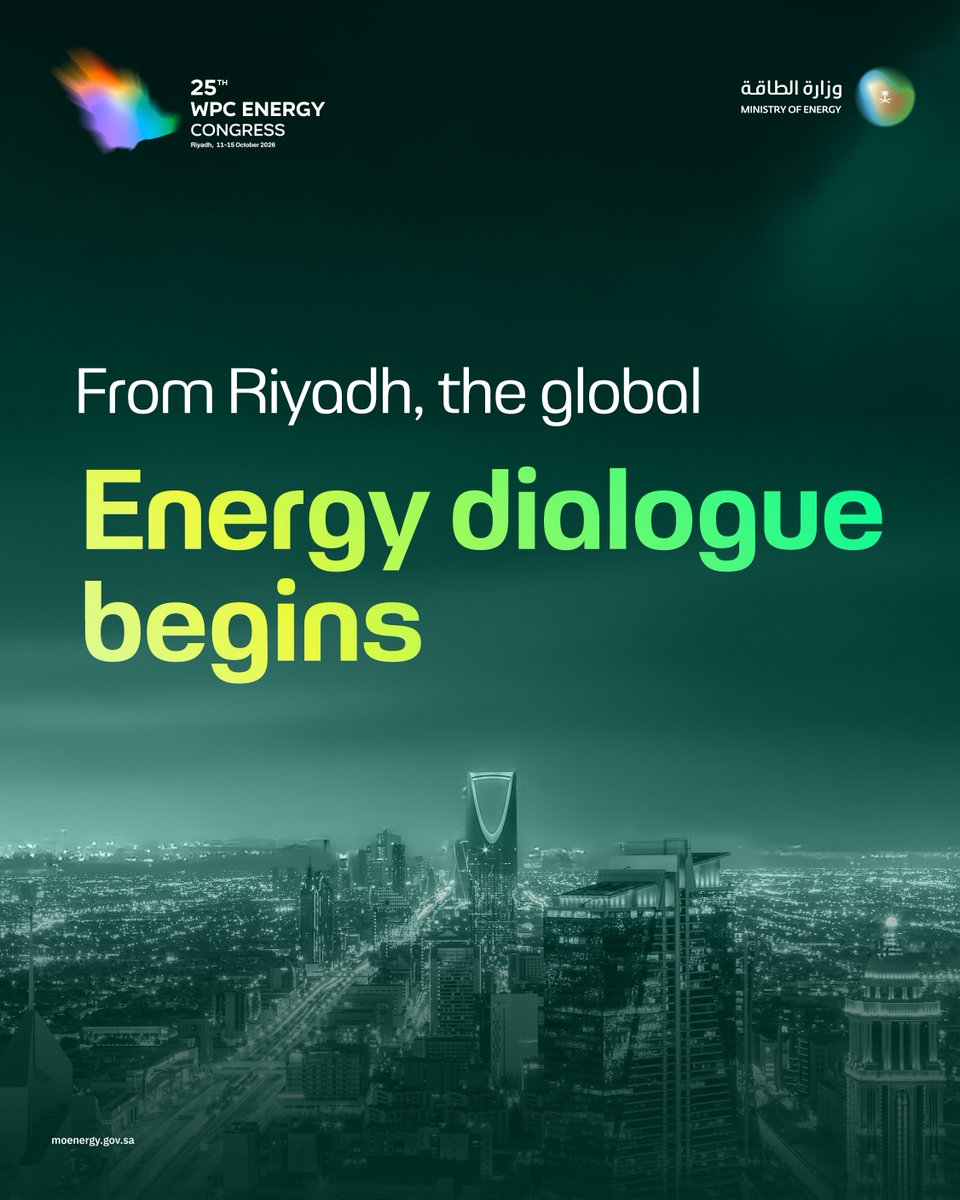 MoEnergy_Saudi's tweet photo. The 25th WPC Energy Congress opens in Riyadh with high-level global leadership.
The Congress begins with a clear focus on energy security, cooperation and practical pathways for the sector.
 
Explore the opening sessions.