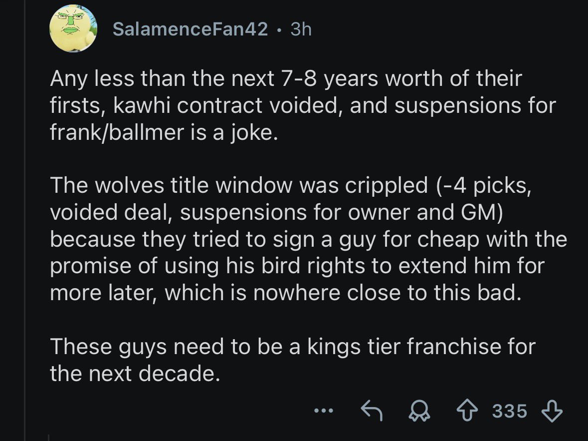 StaplesBasement's tweet photo. Mentally ill Redditors want the Clippers to lose 7-8 draft picks for a „cap circumvention“ when Kawhi was signed to a max contract with max cap hit anyways, it literally gave us ZERO cap benefits 😂 https://t.co/SDfaf5CDJv