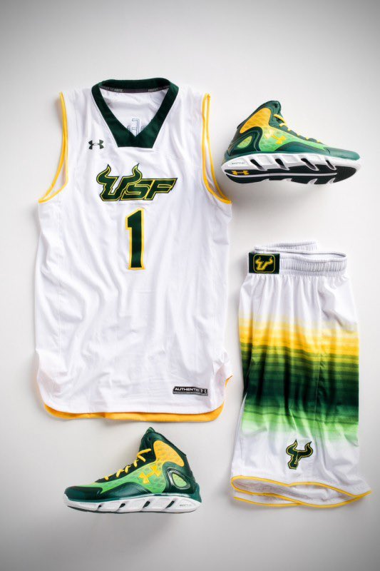 J_South_Da_4th's tweet photo. In 2014 USF released the “SoFlo” style of jerseys. With a classic green and yellow instead of a modern green and gold, along with its signature gradient pattern. The jersey style was used across all sports before being replaced with slime. What did you think of these uniforms? https://t.co/mZE3DmcyuE