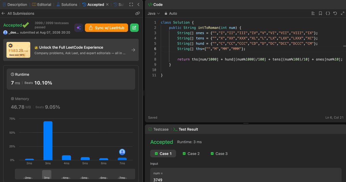 _deepak25's tweet photo. 📌 Day 218/365 of #365DaysOfDSA 🚀
Solved 1 Problem Today
✅LC 12 – Integer to Roman
🔹Use precomputed Roman numeral mappings for thousands, hundreds, tens, and ones to build the answer directly.
#DSA #LeetCode #Java #Algorithms #ProblemSolving https://t.co/gFQP1wL36Z