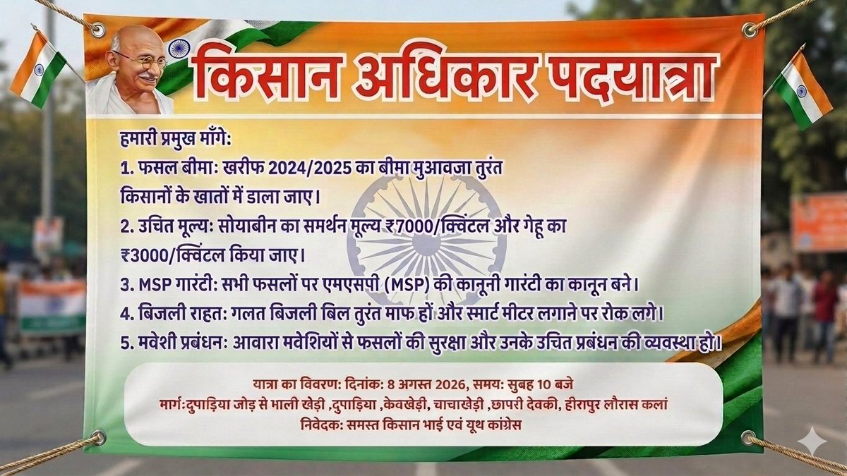 AkhileshBaBu05's tweet photo. 🌾जय किसान 🌾
आप सभी के सहयोग की उम्मीद के साथ किसानों की प्रमुख मांगों को लेकर पदयात्रा कर रहा हूं उसमें समर्थन दे और किसान साथियों की आवाज को बुलंद करें
#किसान #farmar #IYC @IYC @IYCMadhya https://t.co/W3A32I2jwy