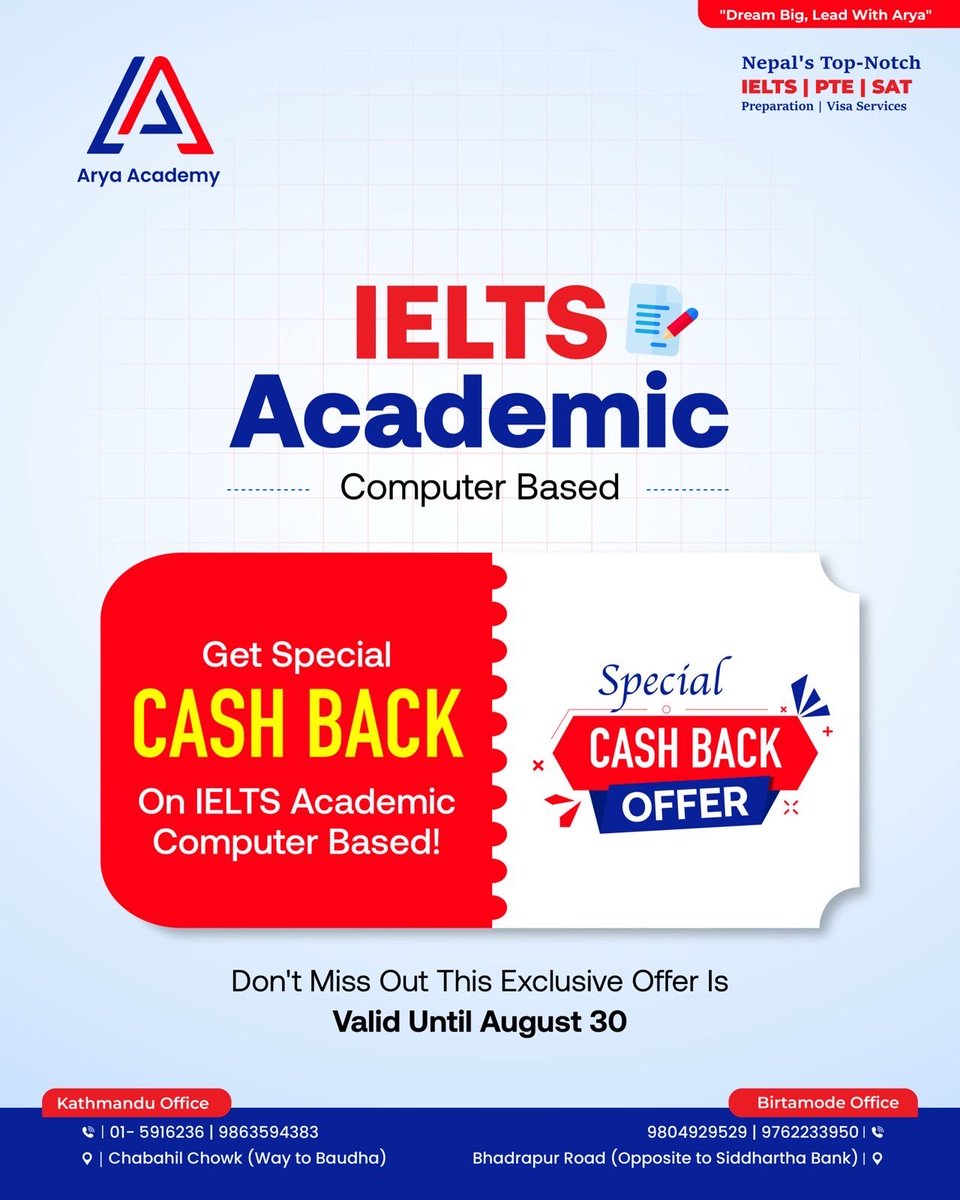 aryaacademy_hub's tweet photo. Get Special Cashback on IELTS Academic (Computer-Based).
⏳ Offer valid until August 30.
#IELTSNepal #StudyAbroad #AryaAcademy #IELTSAcademic #Cashback https://t.co/pktPIRUTc5