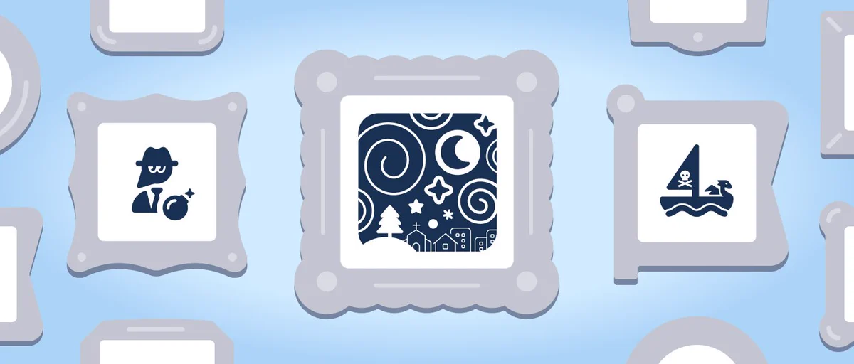 Illustration of three community-created icons displayed in decorative picture frames against a light blue background. The featured icons include a stylized person with a bomb, a detailed starry night landscape, and a pirate ship with a skull-and-crossbones sail.