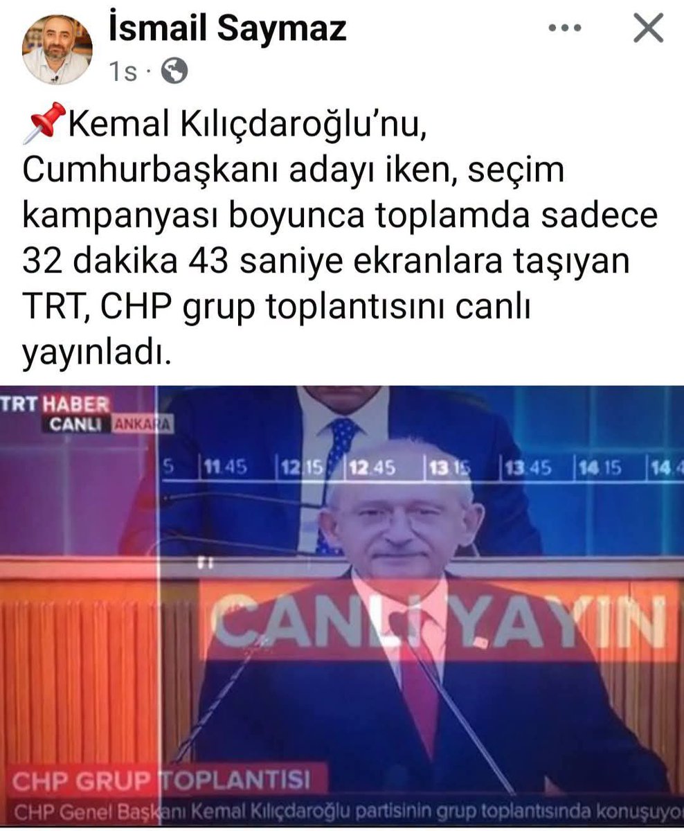 urfangrss's tweet photo. @alihaydarfirat 📌 BUTLAN OLMAK İŞTE BÖYLE BİR ŞEY❓️
İsmail Saymaz ⤵️
"Kemal Kılıçdaroğlu'nu, Cumhurbaşkanı adayı iken, seçim kampanyası boyunca toplamda sadece 32 dakika 43 saniye ekranlara taşıyan #TRT, #CHP grup toplantısını canlı yayınladı."
📌 BUTLAN OLMANIN HEDİYESİ DEMEK Kİ❗️ https://t.co/PID0UqgBPV
