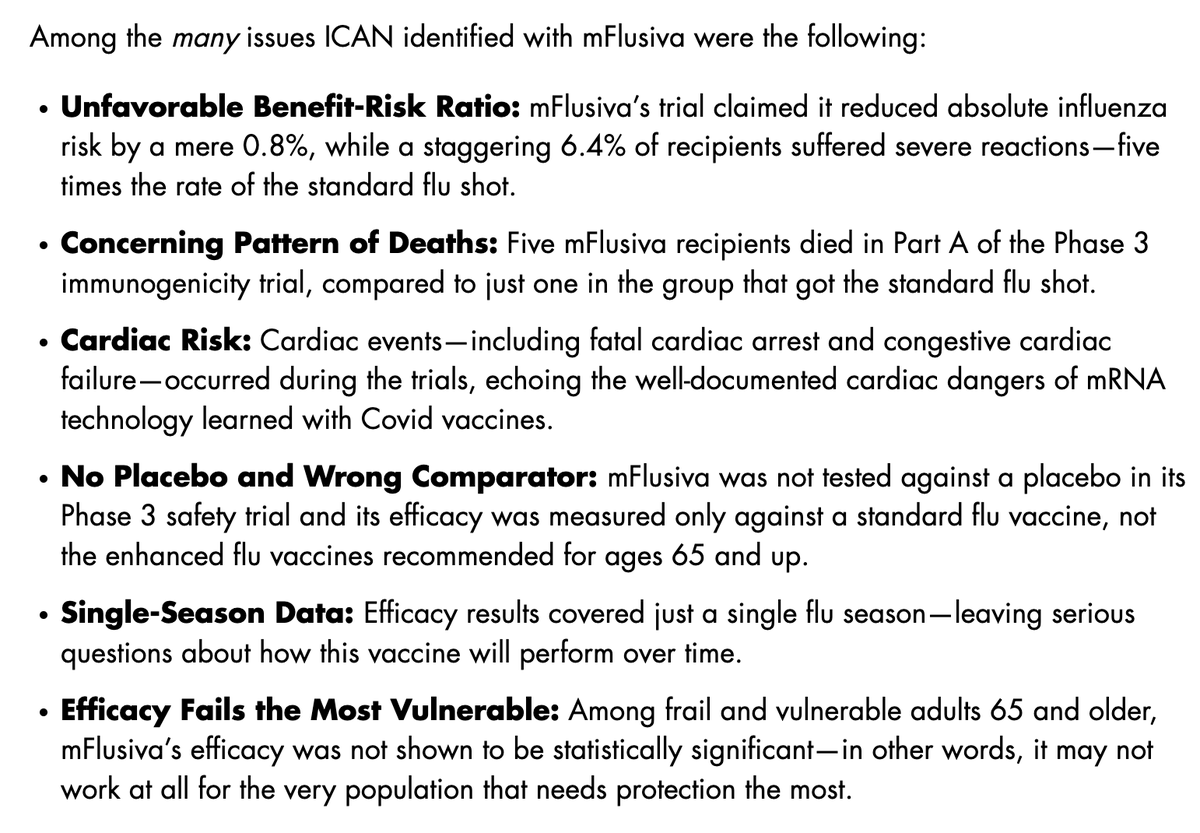 JeffereyJaxen's tweet photo. FDA’s Vaccine Committee Ignores Concerns and Greenlights Moderna’s New mRNA Flu Vaccine

@ICANdecide tried:
"ICAN sent an urgent letter to FDA’s Vaccines and Related Biological Products Advisory Committee (VRBPAC) before its last meeting, documenting alarming safety and efficacy failures with Moderna’s new mRNA flu vaccine, mFlusiva. 

Shockingly, the committee voted unanimously to recommend mFlusiva anyway."