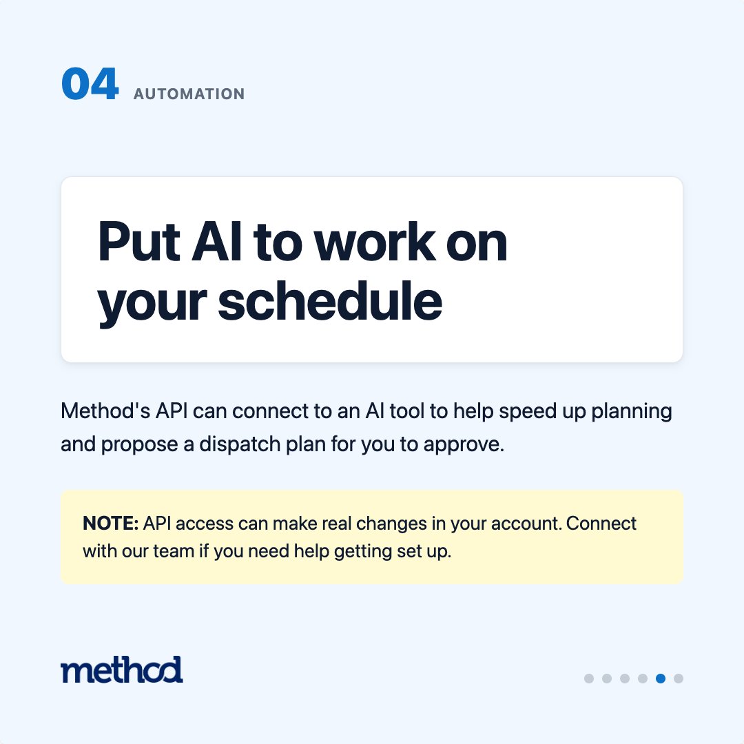 MethodCRM's tweet photo. Our latest Workflow Workshop dug into the questions dispatchers ask most—routing jobs in bulk, capturing work from the field, batching invoices, and putting AI to work on the schedule.

Here are 4 key insights from the session that every dispatcher needs to get right 🧠 https://t.co/7rXemZNh2W