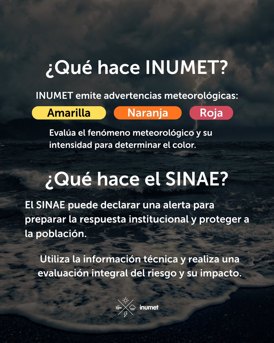 Inumet_'s tweet photo. ❗️La advertencia meteorológica de INUMET y la alerta del @sinae_oficial  no son lo mismo.
En este carrusel te explicamos cómo funciona la coordinación entre ambos organismos y por qué puede existir una alerta roja del Sinae aun cuando la advertencia de INUMET sea naranja, según la evaluación del riesgo.

Deslizá para conocer el proceso. 👉