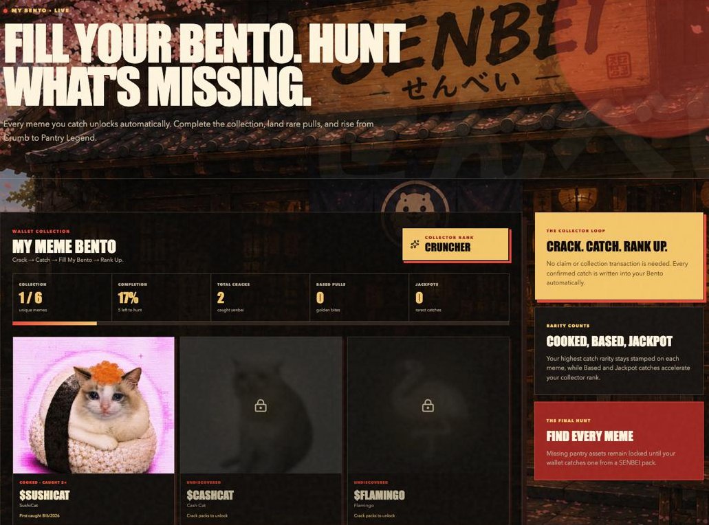 Senbei_Memes's tweet photo. Introducing My Bento 🍱

Every meme you catch from cracking $SENBEI now becomes part of your personal collection.

My Bento tracks the memes your wallet has caught, shows what you’re still missing, records your rare pulls, and builds your collector rank over time.

Crack → Catch → Fill My Bento → Rank Up

From Crumb to Senbei Sensei, the hunt is no longer just about the next pack.

It’s all about completing the Bento. 🍘