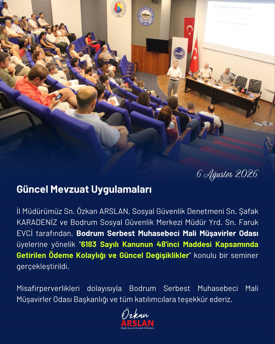 SgkMugla's tweet photo. İl Müdürümüz Sn. Özkan ARSLAN tarafından Bodrum Serbest Muhasebeci Mali Müşavirler Odası üyelerine yönelik "6183 Sayılı Kanunun 48'inci Maddesi Kapsamında Getirilen Ödeme Kolaylığı ve Güncel Değişiklikler" konulu bir seminer gerçekleştirildi. https://t.co/jIaM5IaplR