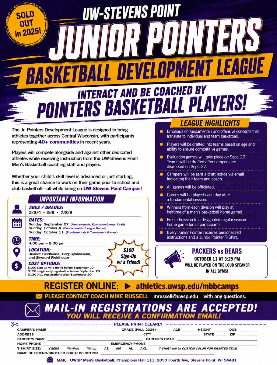 PointersMBB's tweet photo. After SELLING OUT in 2025, the Jr. Pointers Development League returns this fall‼️

Interact with &amp; be coached by Pointers Basketball players🟣🟡
🏀 Competitive games
🏀Skill development
🏀Fundamentals 
📅 Sept. 27 | Oct. 4 | Oct. 11 | 
⏰4–6 PM
👥 Grades 2/3/4 • 5/6 • 7/8/9 https://t.co/UJbN30VEbG