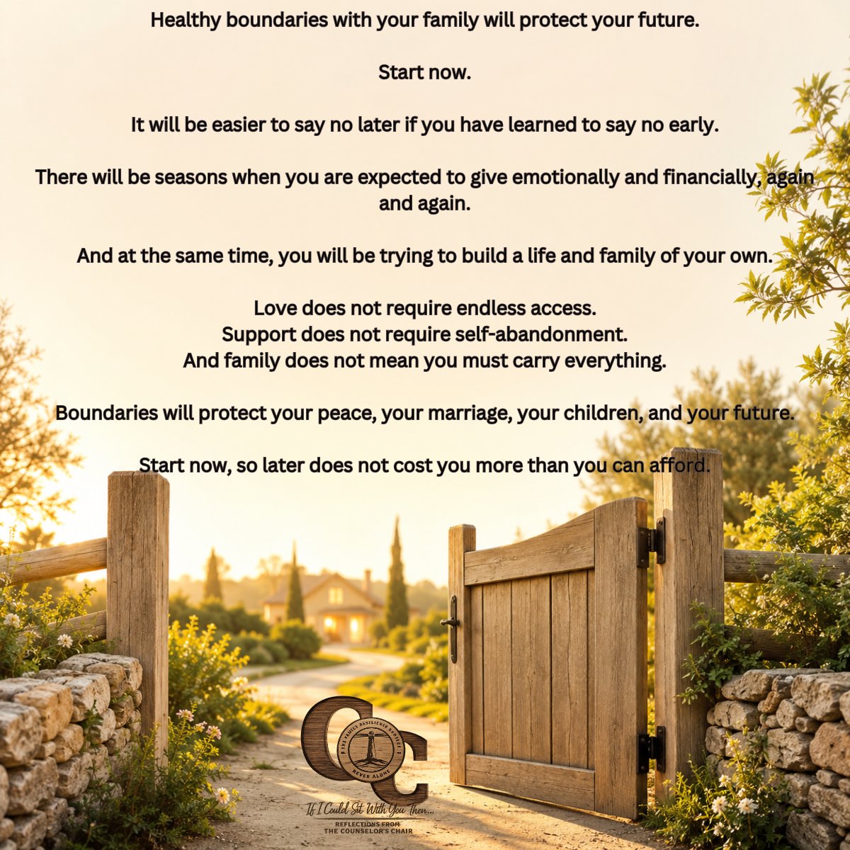 thefrp's tweet photo. Healthy boundaries with your family today can protect the peace, stability, and future of the family you are still building. #ReflectionsFromTheCounselorsChair #Family #TheFamilyResilienceProject #TheFRP #NeverAlone https://t.co/CdwOIsXIZP