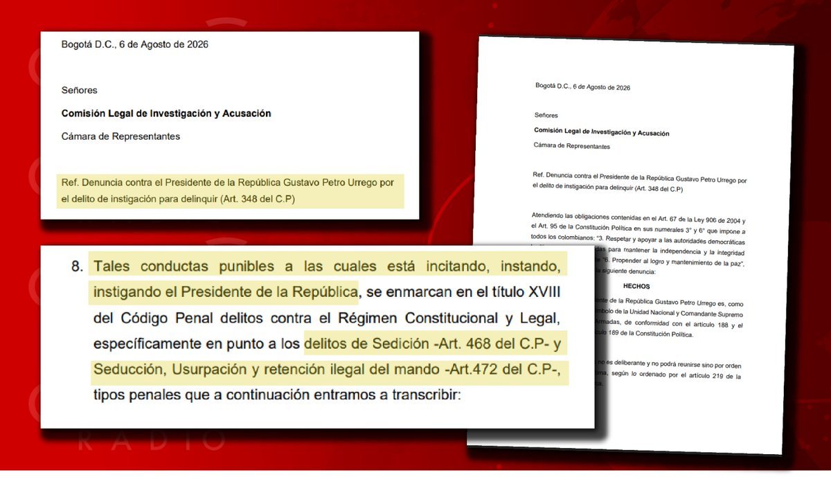 Horadelaverdad's tweet photo. #ATENCIÓN | Por presunta instigación a delinquir, el juez José Alejandro Hofmann y el exzar anticorrupción Óscar Ortiz pidieron investigar a Gustavo Petro ante la Comisión de Acusaciones de la Cámara. 

La denuncia se sustenta en sus llamados a crear “guardias bolivarianas” y una “milicia popular” armada.
#Justicia