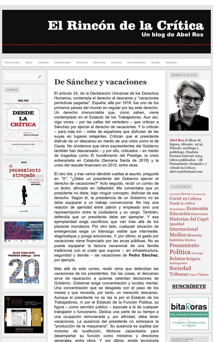 RCritica's tweet photo. 🔴 En el blog: “De Sánchez y vacaciones”. Enlace en el primer comentario. Os invito a que dejéis vuestros comentarios en el blog. https://t.co/4X9y2PW6vp