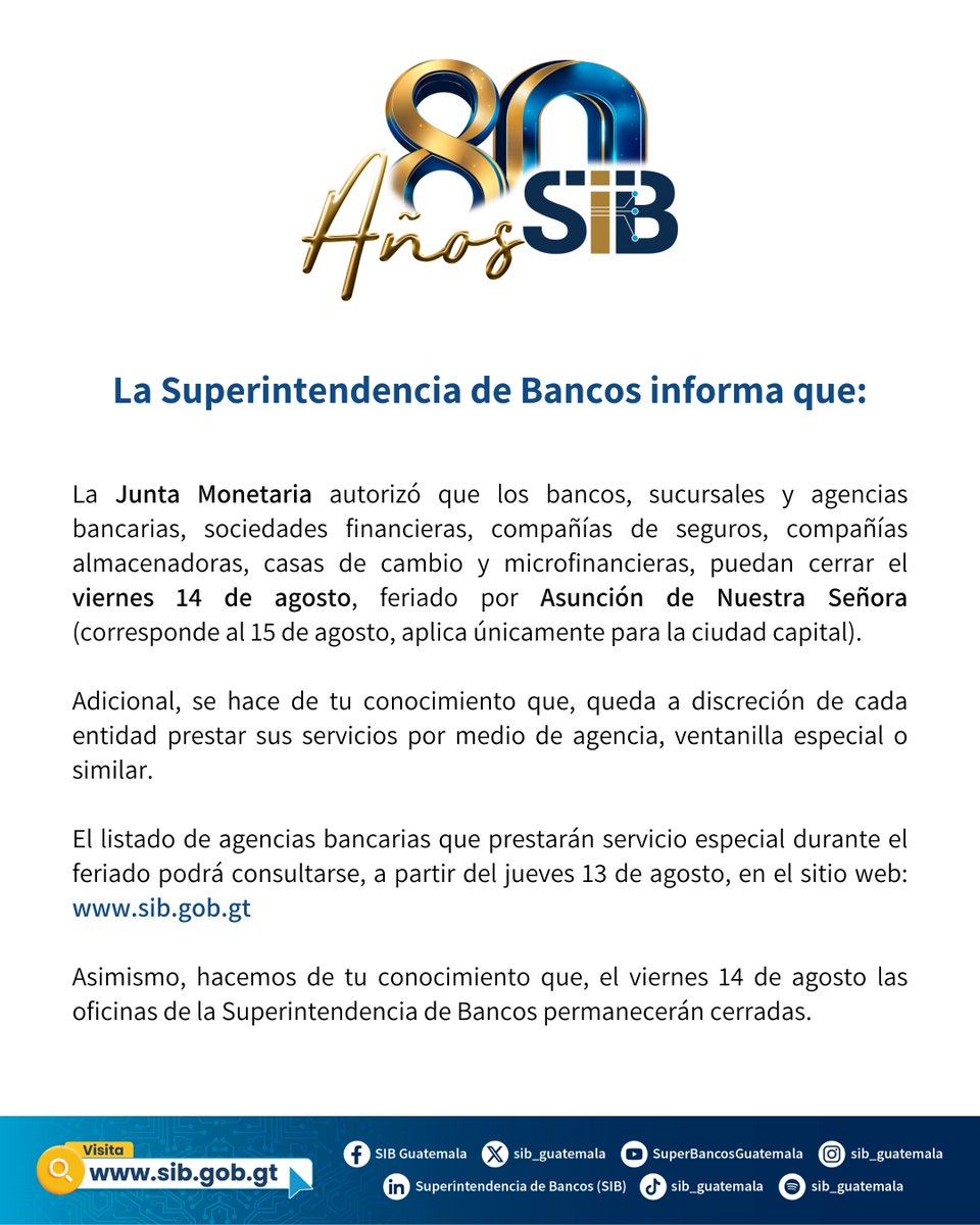 sib_guatemala's tweet photo. 𝐂𝐎𝐌𝐔𝐍𝐈𝐂𝐀𝐃𝐎 | La Superintendencia de Bancos informa:⁣
⁣
#SIBGuatemala #feriado #Comunicado https://t.co/ekIx9HqXJl