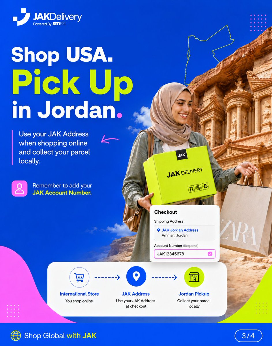 jakdeliver's tweet photo. JAK is going places.

Shop from global stores and collect locally using your JAK Address and JAK Account Number.

#JAKDelivery #ShopGlobalWithJAK #KSA #Jordan #SouthAfrica #CrossBorderShopping https://t.co/Tl1V90Tlhh