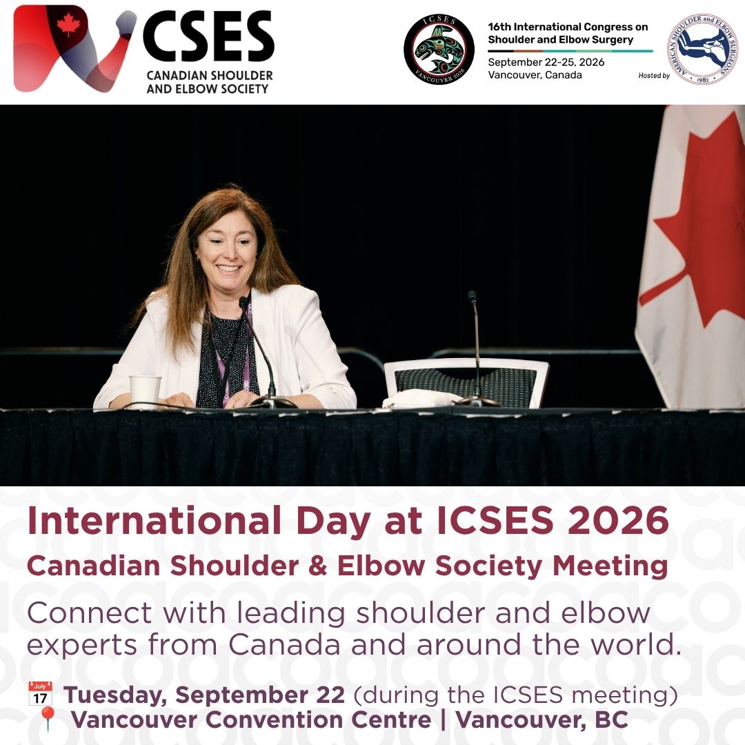 CdnOrthoAssoc's tweet photo. International Day @ ICSES Meeting Features Canadian Shoulder & Elbow Society

The 16th Annual International Congress on Shoulder & Elbow Surgery (ICSES), taking place in Vancouver from September 22-25, 2026, opens with International Day on Tuesday, September 22 - a dynamic kickoff that brings together leading shoulder and elbow societies from around the world.

As part of the International Day program, the Canadian Shoulder & Elbow Society (CSES) is hosting a dedicated meeting featuring experts from across the country.

Participation in International Day is included in with ICSES meeting registration. Register by August 14 before on site rates.

Sign up today!
https://t.co/HVtLazx0LI