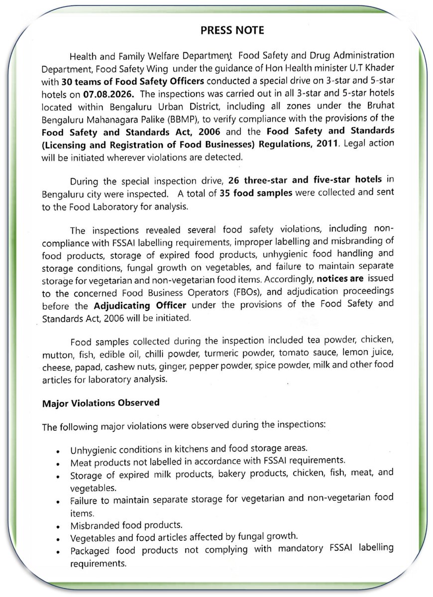 DHFWKA's tweet photo. No compromise on food safety, no matter the stars ! 🚫🍽️

Special inspection drive conducted by the Department of Food Safety and Standards in 3-star and 5-star hotels across Bengaluru city, under the guidance of the Honorable Minister for Health and Family Welfare.

@CMofKarnataka @DrParameshwara @utkhader @KarnatakaVarthe