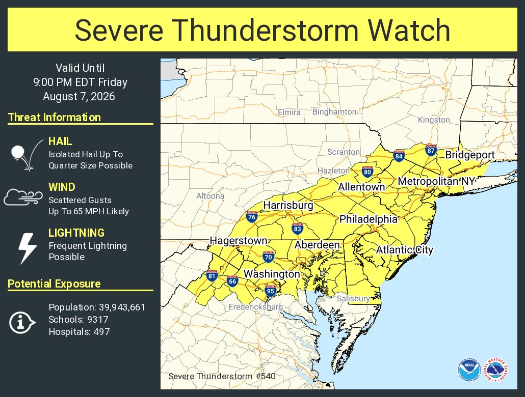 NWS_MountHolly's tweet photo. A severe thunderstorm watch has been issued for parts of CT, DE, DC, MD, NJ, NY, PA, VA, WV until 9 PM EDT https://t.co/MgLQKARfWb