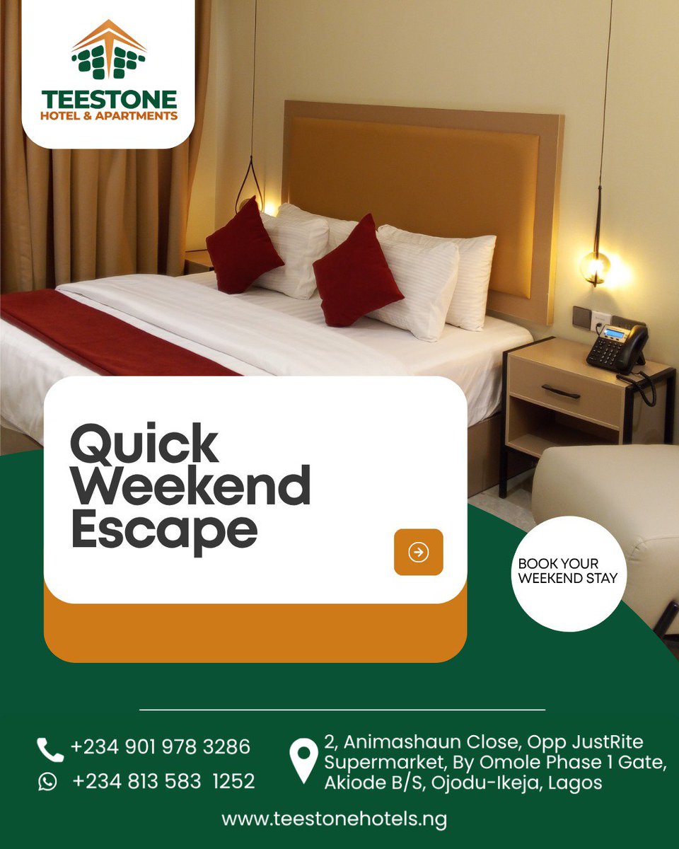 Teestonehotel's tweet photo. Make this weekend one to remember. ✨

Enjoy stylish accommodation, warm hospitality, and a relaxing atmosphere that's perfect for every occasion.

FOR RESERVATIONS
Call: +234 901 978 3286
WhatsApp: +234 813 583 1252

#TeestoneHotels #WeekendStay #ModernHospitality #StayVibes https://t.co/Xzk2p3u8UB