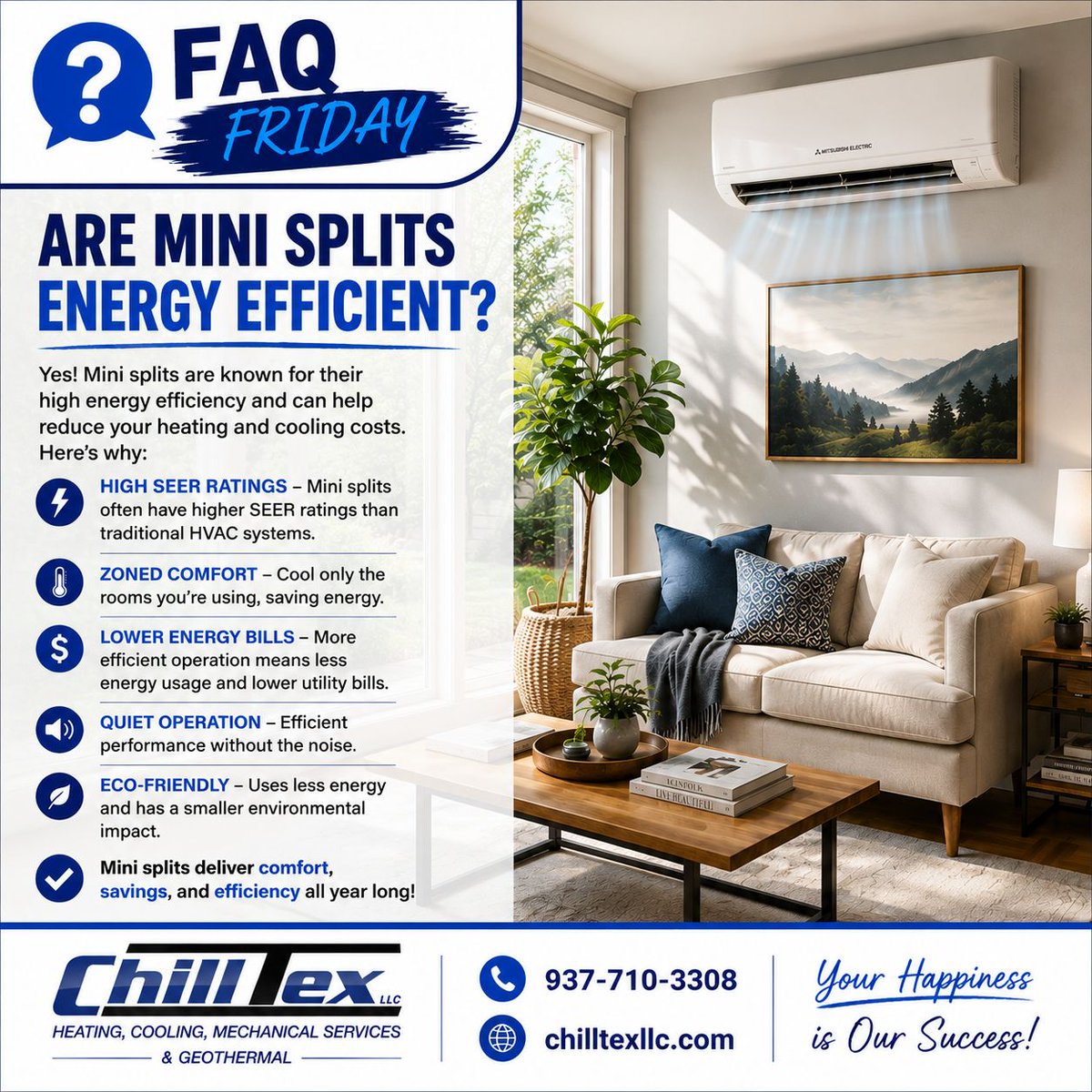 ChillTexHVAC's tweet photo. βFAQ Friday: Are mini splits energy efficient? Absolutely! Mini splits offer zoned comfort, high efficiency, quiet operation & can help lower energy bills. Great for additions, garages, sunrooms & older homes. π937-710-3308 π https://t.co/ysubZyFqhr #FAQFriday #MiniSplit https://t.co/7Fpef0FG1L