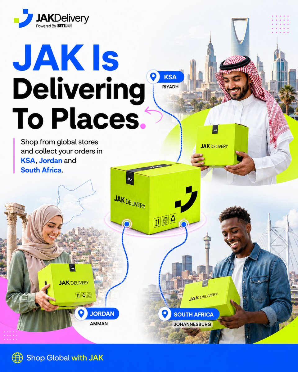 jakdeliver's tweet photo. JAK is going places.

Shop from global stores and collect locally using your JAK Address and JAK Account Number.

#JAKDelivery #ShopGlobalWithJAK #KSA #Jordan #SouthAfrica #CrossBorderShopping https://t.co/Tl1V90Tlhh