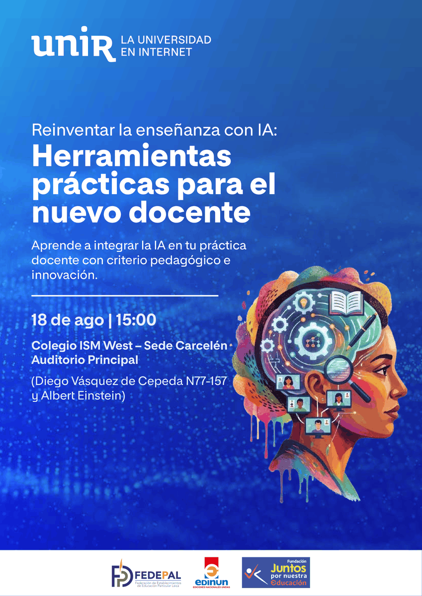 UNIR_Ecuador's tweet photo. JORNADA DE EDUCACIÓN | 👥@UNIRuniversidad , en colaboración con @EdinunEc y la Federación de Establecimientos de Educación Particular Laica (@fedepal), organizan un espacio diseñado para reflexionar sobre los retos actuales de la #educación y descubrir aplicaciones concretas de la #inteligenciaartificial en el aula.
🗓️18 de agosto
👉Inscríbete: https://t.co/R5S4Xt9Qpc