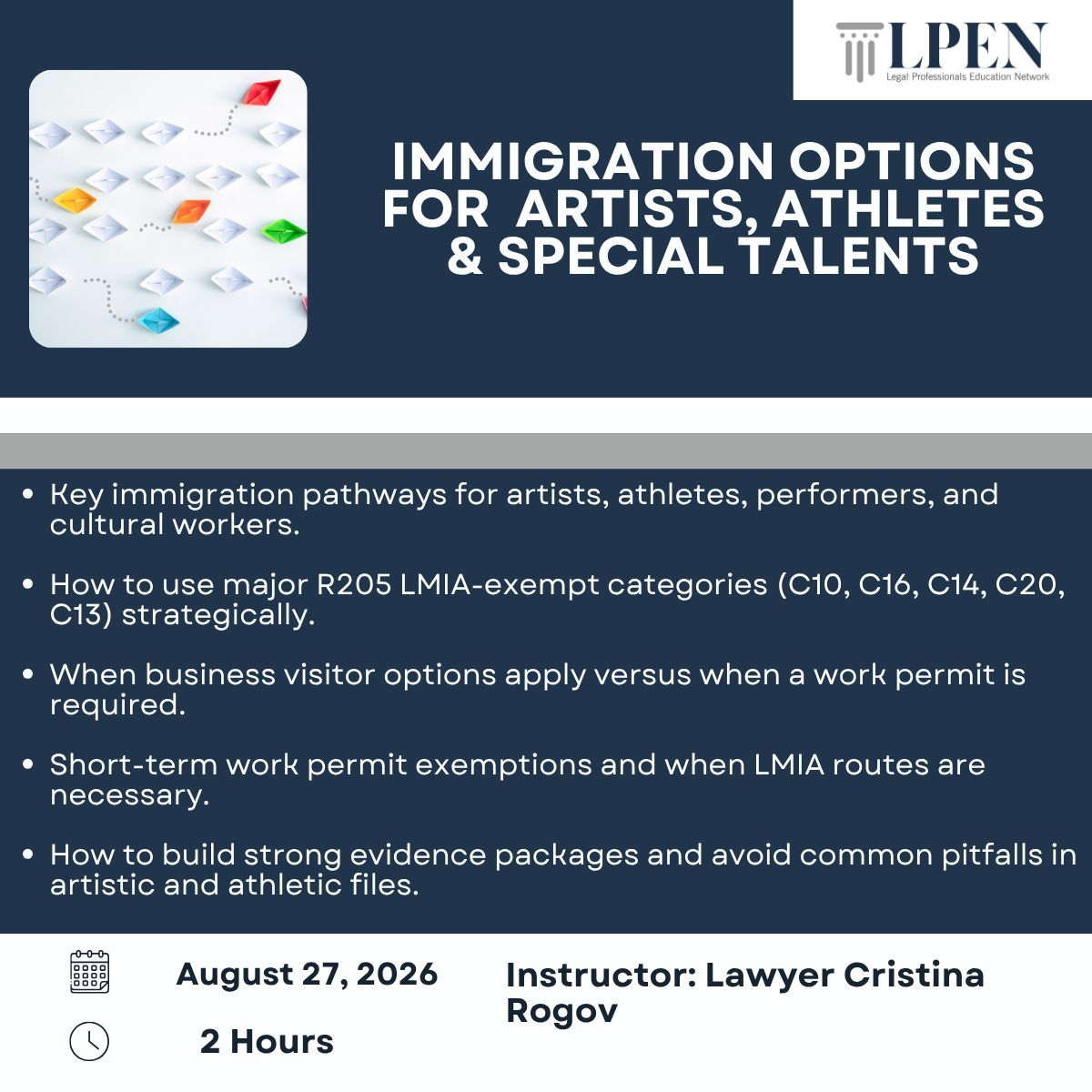 LPENCPD's tweet photo. Artists and athletes don't fit neatly into standard immigration categories. C10, C14, C20, R186 business visitor exemptions, LMIA routes, Quebec CAQ rules — the wrong call at intake can cause serious problems.
Cristina Rogov breaks it down.
https://t.co/lZrQ3dfXLS https://t.co/kg5Zzud8E8