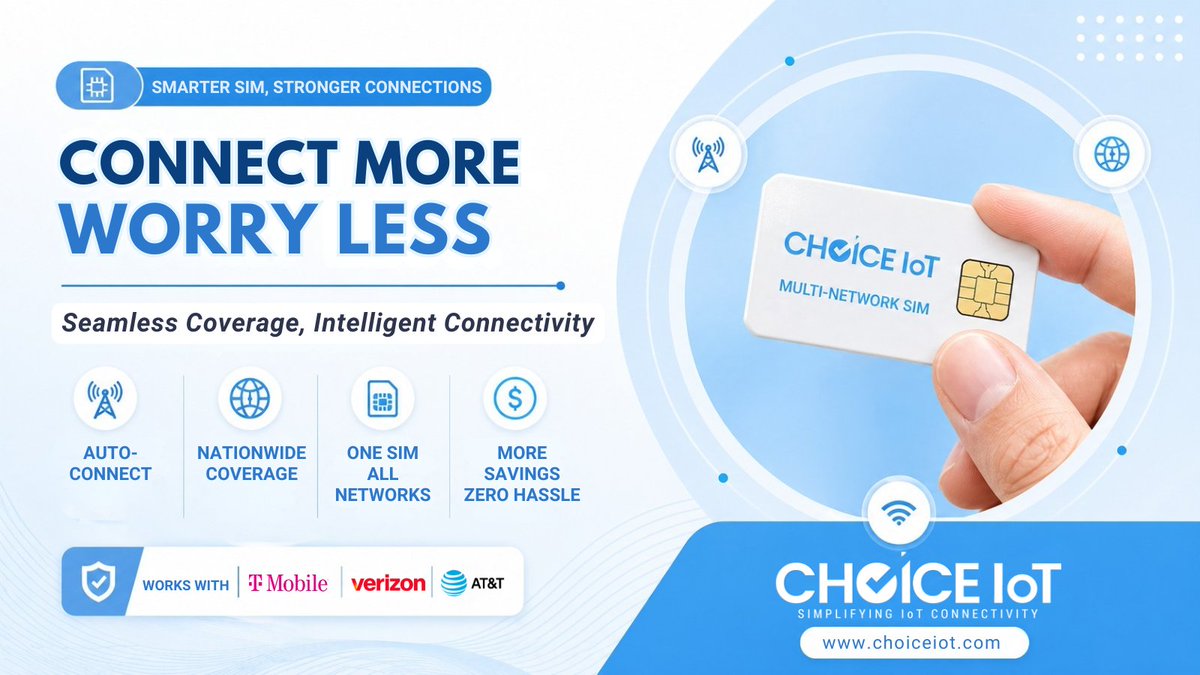 ChoiceIoT's tweet photo. @ChoiceIoT helps you connect more and worry less with one multi-network SIM for seamless coverage, reliable connectivity, and simpler IoT deployments.
Learn more at https://t.co/d0zsi51gF6
#IoT #iotdata #multicarriersim #5G #iotsim #tmobile #verizon #att #singlesim #choiceiot https://t.co/y1HgSXOmkH