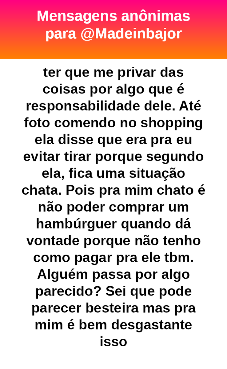 vidaalheiaoff's tweet photo. #bajo44185
Moça, vc já faz muito se sustentando. 
Não tem nenhuma necessidade de gastar com seus irmãos mais velhos só pq sim.  Essa regra da sua mãe é absurda. Se os seus irmãos fossem crianças, eu entenderia. Mas são adultos. https://t.co/FG2ECREc9q