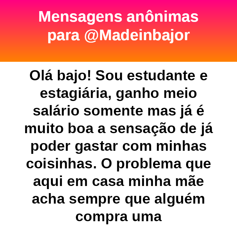 vidaalheiaoff's tweet photo. #bajo44185
Moça, vc já faz muito se sustentando. 
Não tem nenhuma necessidade de gastar com seus irmãos mais velhos só pq sim.  Essa regra da sua mãe é absurda. Se os seus irmãos fossem crianças, eu entenderia. Mas são adultos. https://t.co/FG2ECREc9q
